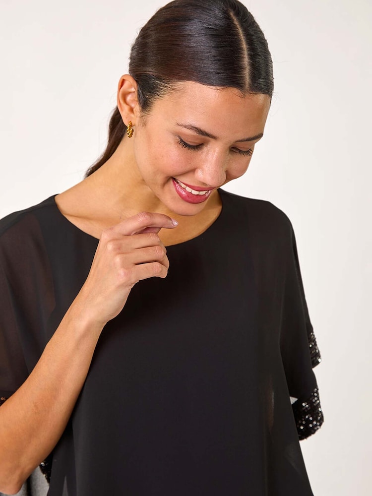 Roman Black Sequin Hem Overlay Stretch Top - Image 4 of 5