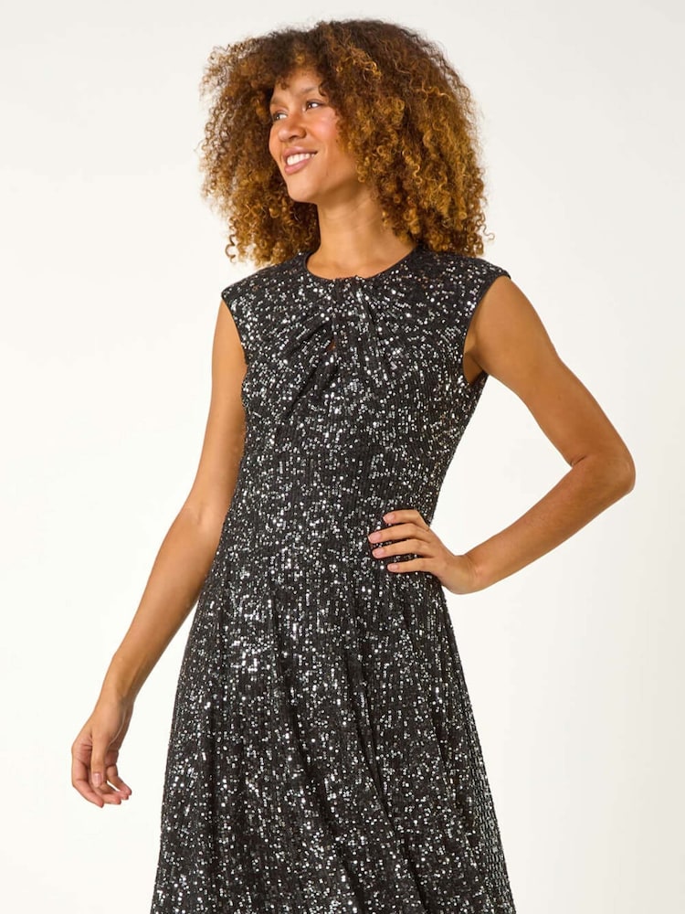 Roman Black Sequin Twist Front Stretch Dress - Image 2 of 5