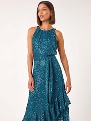 Roman Blue Halter Neck Sequin Midi Stretch Dress - Image 1 of 5