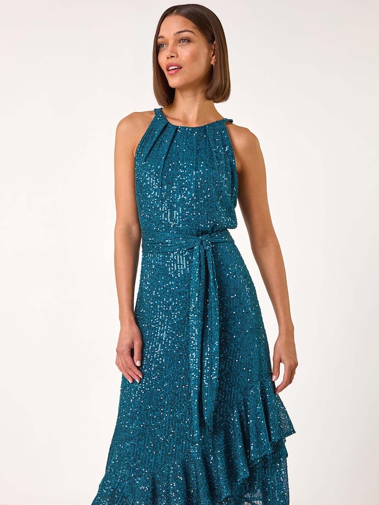 Roman Blue Halter Neck Sequin Midi Stretch Dress - Image 1 of 5