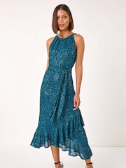 Roman Blue Halter Neck Sequin Midi Stretch Dress - Image 2 of 5