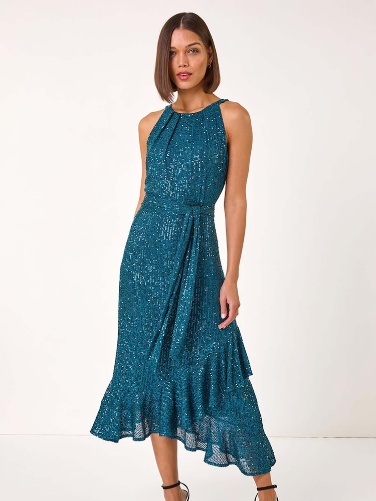 Roman Blue Halter Neck Sequin Midi Stretch Dress - Image 2 of 5