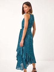 Roman Blue Halter Neck Sequin Midi Stretch Dress - Image 3 of 5