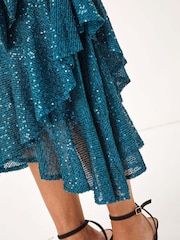 Roman Blue Halter Neck Sequin Midi Stretch Dress - Image 5 of 5