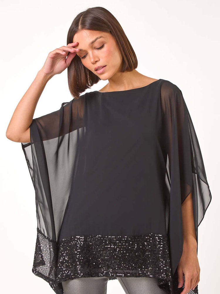 Roman Black Sequin Hem Contrast Top - Image 1 of 5
