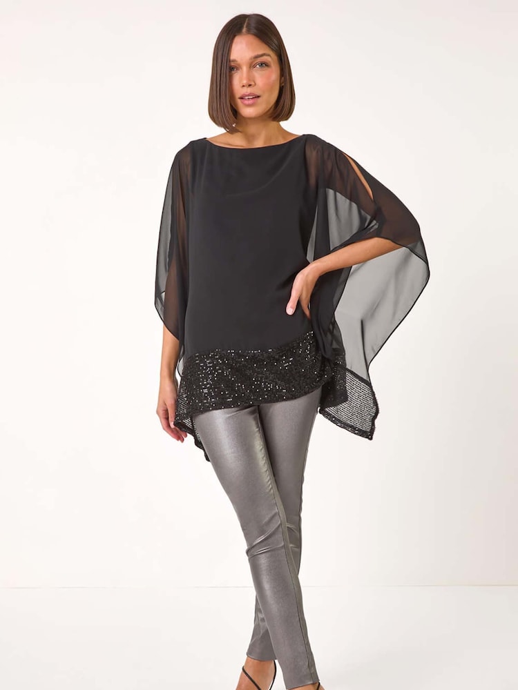 Roman Black Sequin Hem Contrast Top - Image 2 of 5 Roman Black Sequin Hem Contrast Top - Image 2 of 5