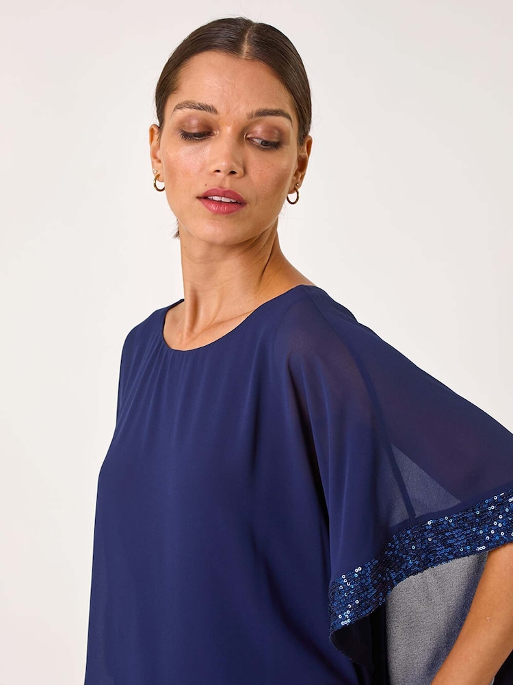 Roman Blue Sequin Hem Overlay Stretch Top - Image 4 of 5