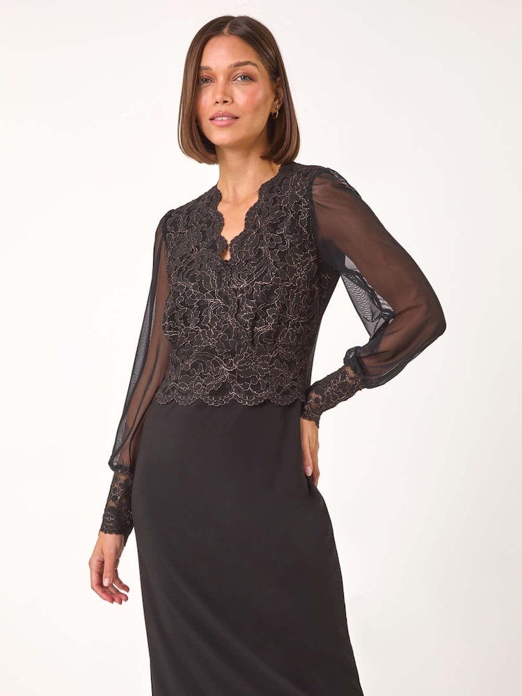 Roman Metallic Scallop Edge Lace Bodice Dress - Image 1 of 5