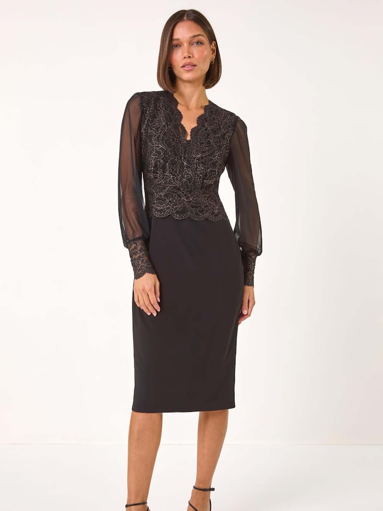 Roman Metallic Scallop Edge Lace Bodice Dress - Image 2 of 5