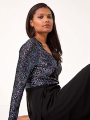 Roman Purple Sequin V-Neck Stretch Wrap Midi Dress - Image 1 of 5