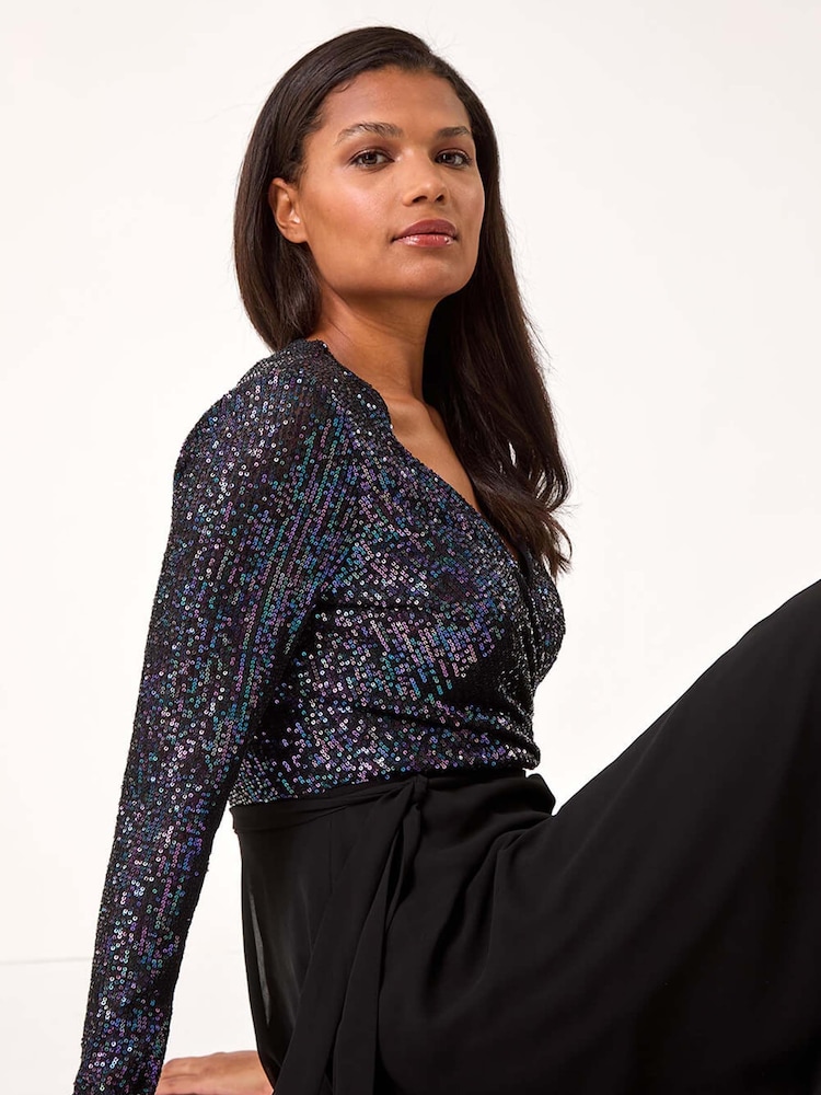 Roman Purple Sequin V-Neck Stretch Wrap Midi Dress - Image 1 of 5