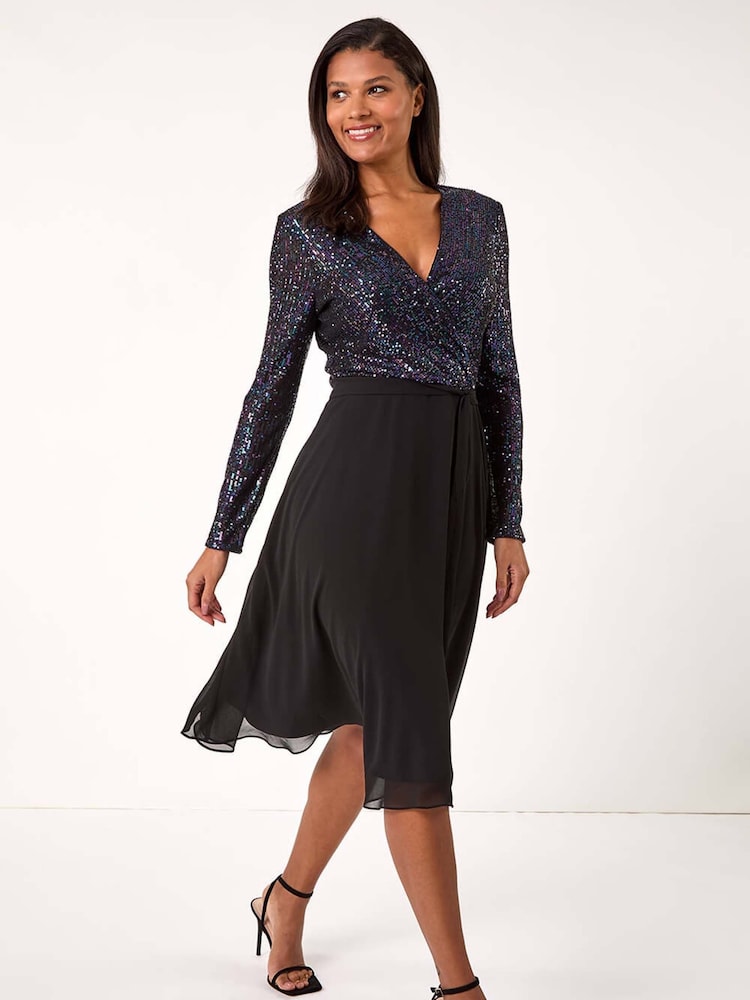Roman Purple Sequin V-Neck Stretch Wrap Midi Dress - Image 2 of 5