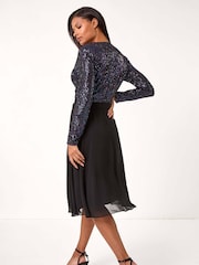 Roman Purple Sequin V-Neck Stretch Wrap Midi Dress - Image 3 of 5