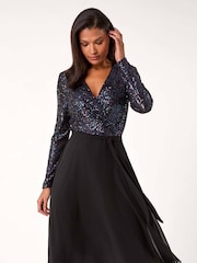 Roman Purple Sequin V-Neck Stretch Wrap Midi Dress - Image 4 of 5