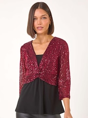 Roman Red Sequin Bodice V-Neck Stretch Top - Image 1 of 5
