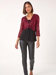 Roman Red Sequin Bodice V-Neck Stretch Top - Image 2 of 5