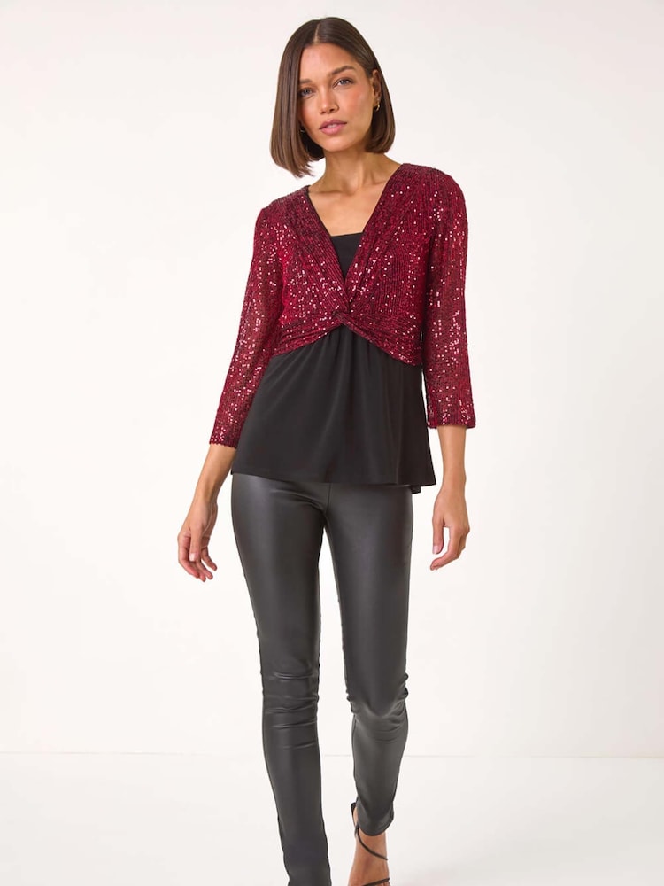 Roman Red Sequin Bodice V-Neck Stretch Top - Image 2 of 5