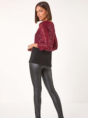 Roman Red Sequin Bodice V-Neck Stretch Top - Image 3 of 5