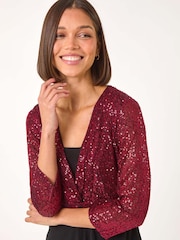 Roman Red Sequin Bodice V-Neck Stretch Top - Image 4 of 5