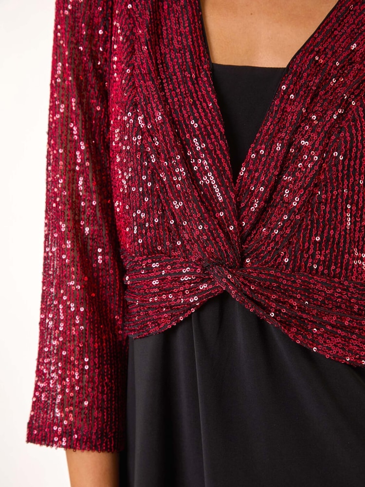 Roman Red Sequin Bodice V-Neck Stretch Top - Image 5 of 5