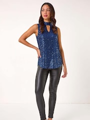 Roman Blue Sequin High Neck Keyhole Top - Image 2 of 5