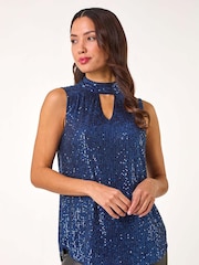 Roman Blue Sequin High Neck Keyhole Top - Image 4 of 5