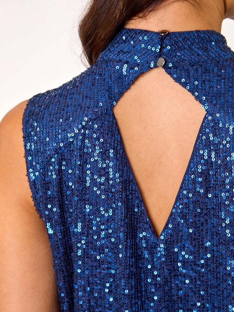 Roman Blue Sequin High Neck Keyhole Top - Image 5 of 5