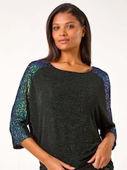 Roman Green Sequin Detail Stretch Tunic Top - Image 4 of 5