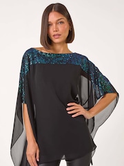 Roman Green Sequin Yoke Contrast Chiffon Top - Image 1 of 5