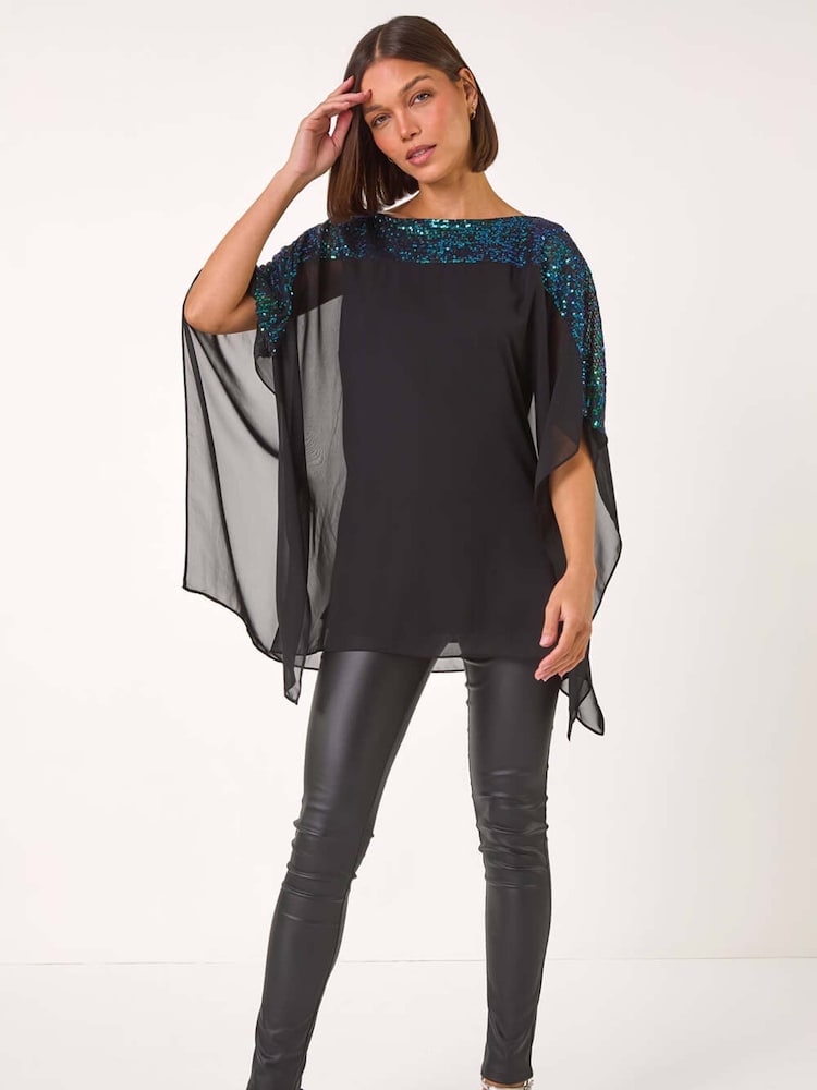 Roman Green Sequin Yoke Contrast Chiffon Top - Image 2 of 5 Roman Green Sequin Yoke Contrast Chiffon Top - Image 2 of 5