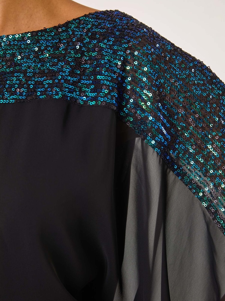 Roman Green Sequin Yoke Contrast Chiffon Top - Image 5 of 5 Roman Green Sequin Yoke Contrast Chiffon Top - Image 5 of 5