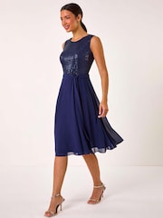 Roman Blue Sequin Bodice Betlted Chiffon Dress - Image 1 of 5