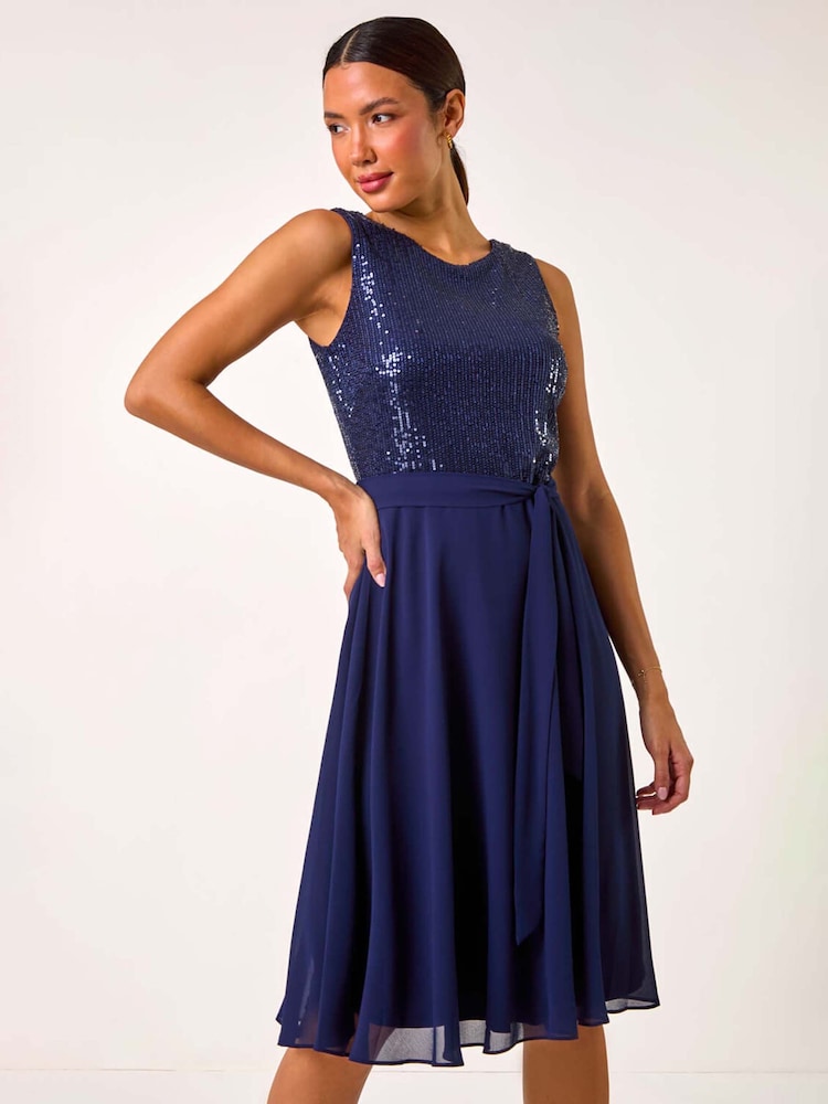 Roman Blue Sequin Bodice Betlted Chiffon Dress - Image 2 of 5