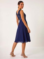 Roman Blue Sequin Bodice Betlted Chiffon Dress - Image 3 of 5