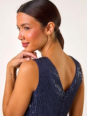 Roman Blue Sequin Bodice Betlted Chiffon Dress - Image 4 of 5