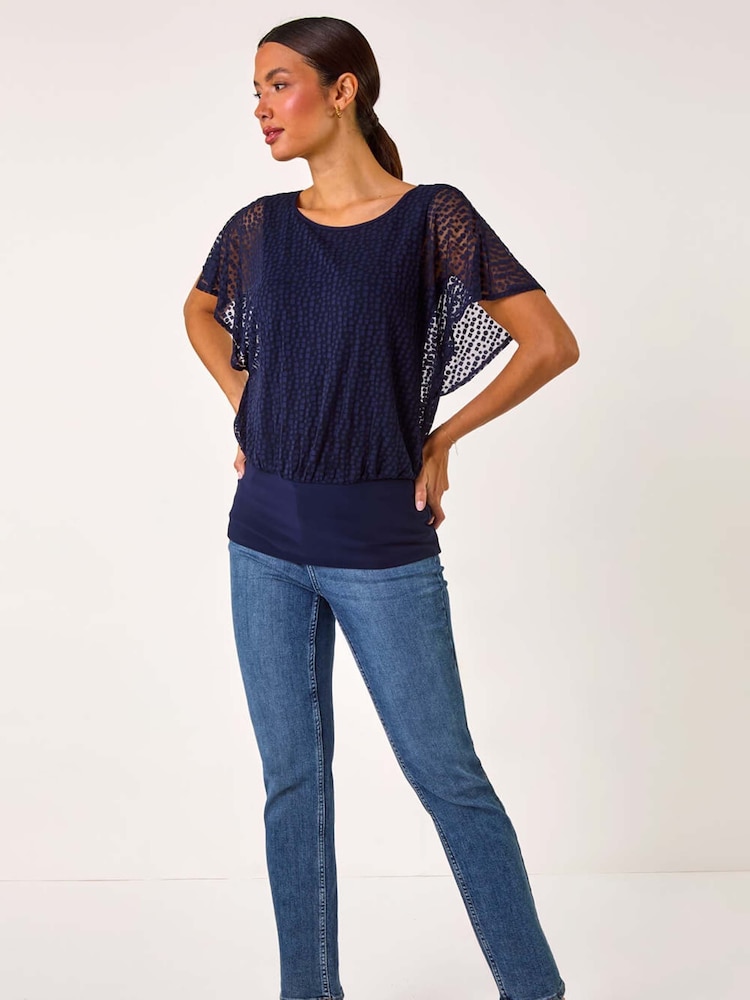 Roman Blue Printed Burnout Bubble Hem Top - Image 1 of 5
