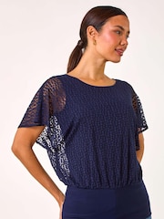 Roman Blue Printed Burnout Bubble Hem Top - Image 2 of 5