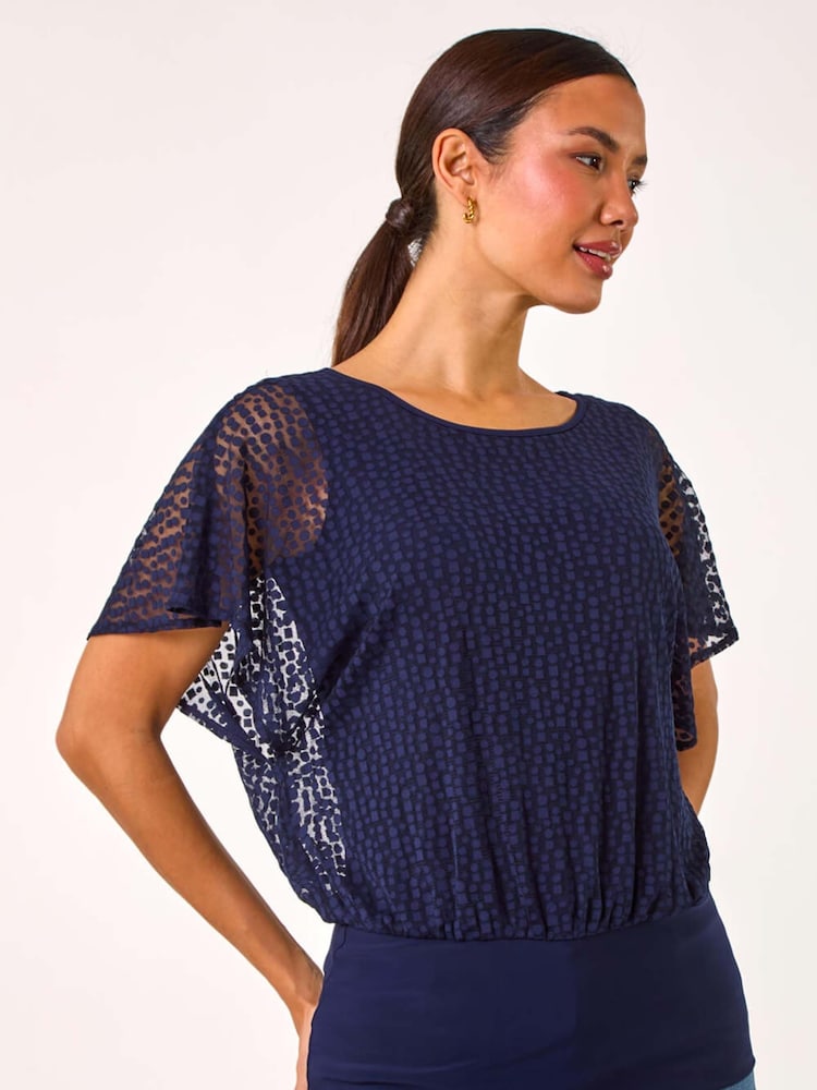 Roman Blue Printed Burnout Bubble Hem Top - Image 2 of 5