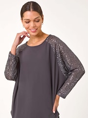 Серый - Roman Sequin Sleeve Tunic Stretch Top - Изображение 1 из 5