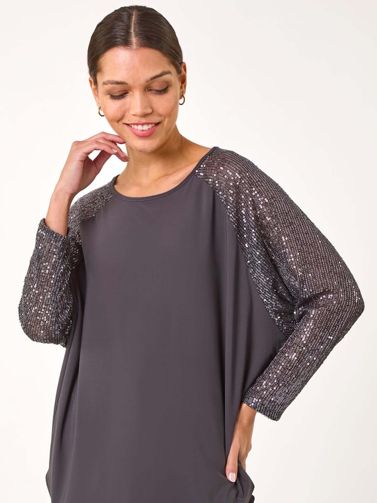 Серый - Roman Sequin Sleeve Tunic Stretch Top - Изображение 1 из 5