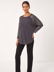 Серый - Roman Sequin Sleeve Tunic Stretch Top - Изображение 2 из 5