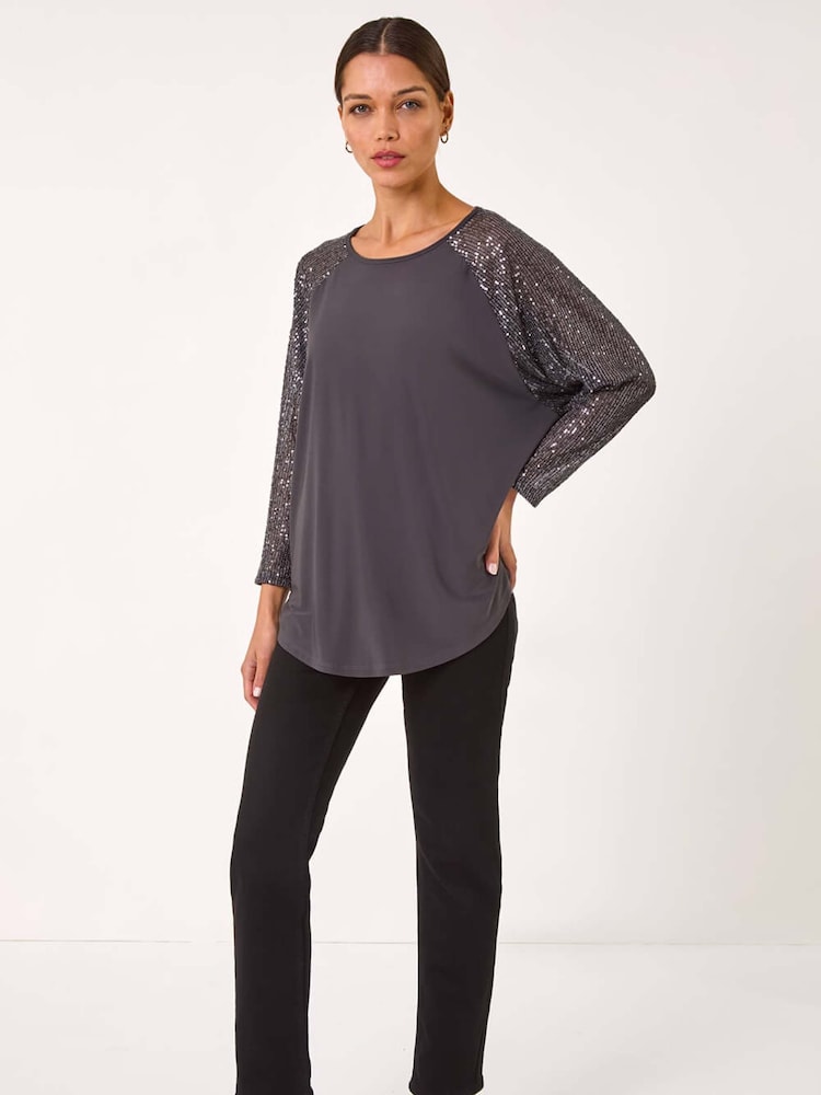Серый - Roman Sequin Sleeve Tunic Stretch Top - Изображение 2 из 5