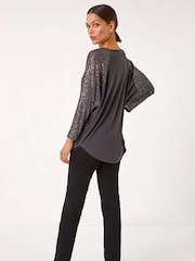 Серый - Roman Sequin Sleeve Tunic Stretch Top - Изображение 3 из 5