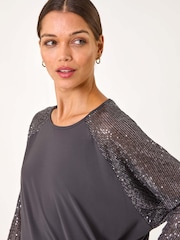 Серый - Roman Sequin Sleeve Tunic Stretch Top - Изображение 4 из 5