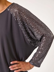 Серый - Roman Sequin Sleeve Tunic Stretch Top - Изображение 5 из 5