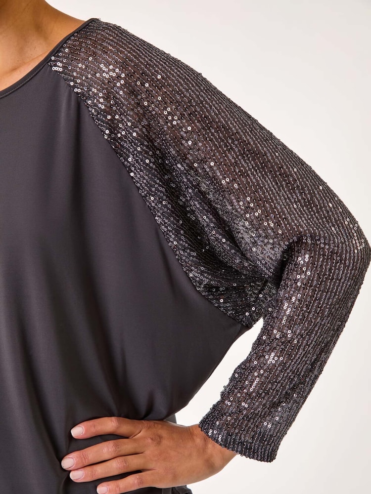 Серый - Roman Sequin Sleeve Tunic Stretch Top - Изображение 5 из 5