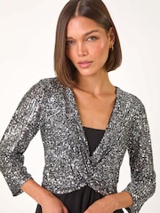 Roman Metallic Sequin Bodice V-Neck Stretch Top - Image 1 of 5