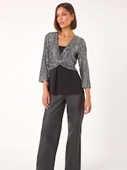 Roman Metallic Sequin Bodice V-Neck Stretch Top - Image 2 of 5