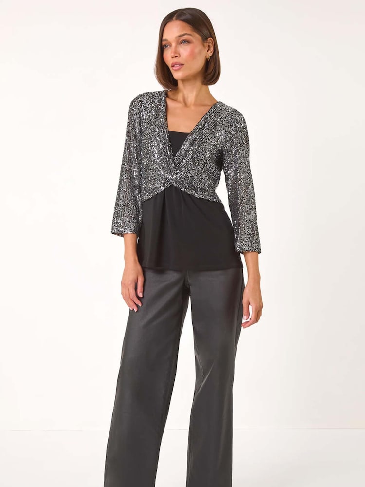 Roman Metallic Sequin Bodice V-Neck Stretch Top - Image 2 of 5