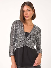 Roman Metallic Sequin Bodice V-Neck Stretch Top - Image 4 of 5